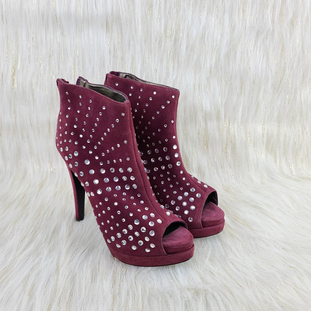 Studded Peep-Toe High Heel Booties - Wine